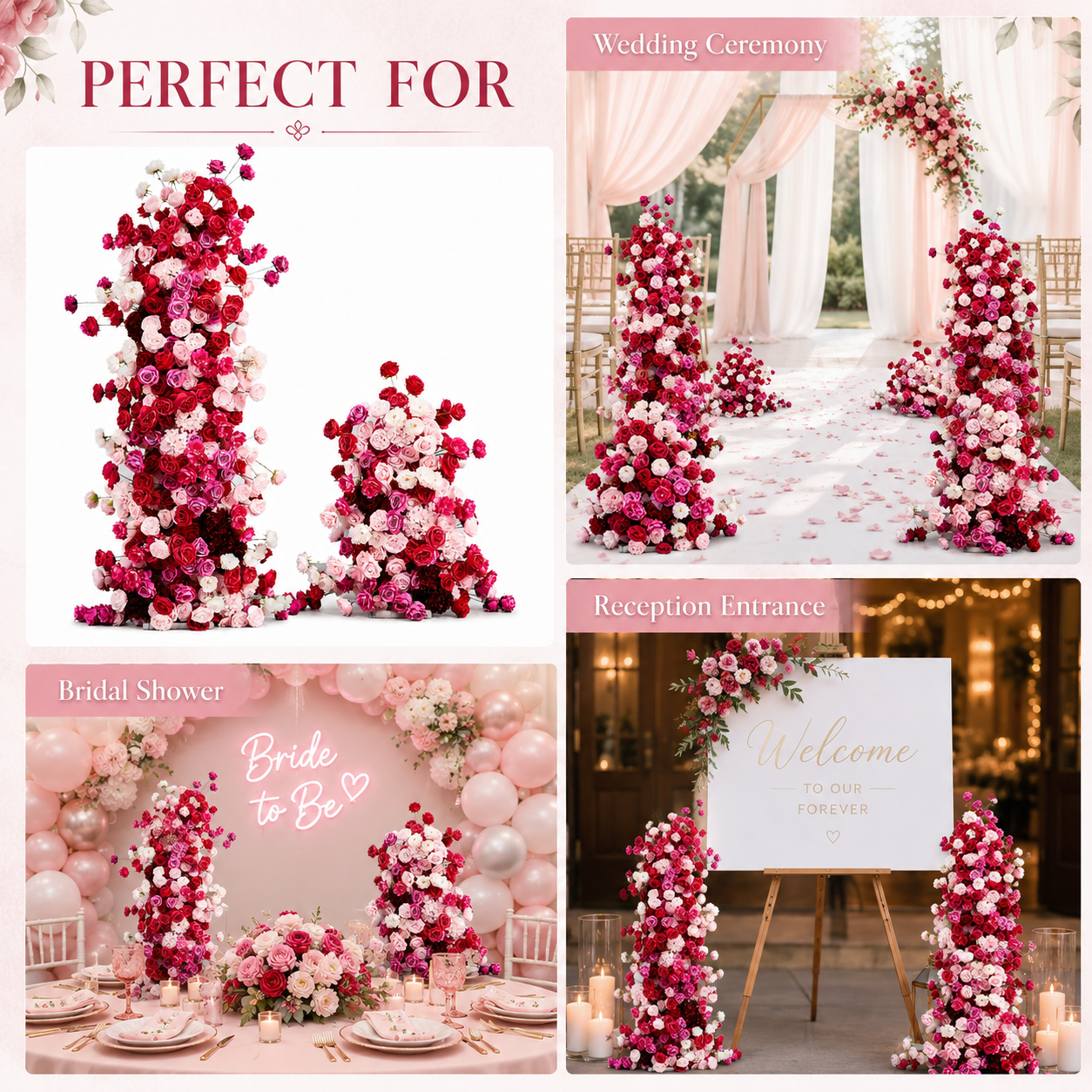78.7in & 39.4in Red Pink White Floral Pillar Set, Burgundy Blush Artificial Rose Flower Column Backdrop for Wedding Ceremony Arch, Bridal Shower Reception Entrance Floral Decor, Flowers Only Without Metal Stand
