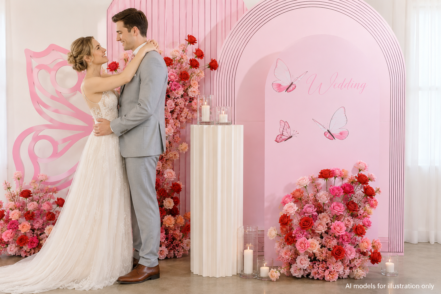 78.7in & 39.4in Red Pink White Floral Pillar Set, Burgundy Blush Artificial Rose Flower Column Backdrop for Wedding Ceremony Arch, Bridal Shower Reception Entrance Floral Decor, Flowers Only Without Metal Stand