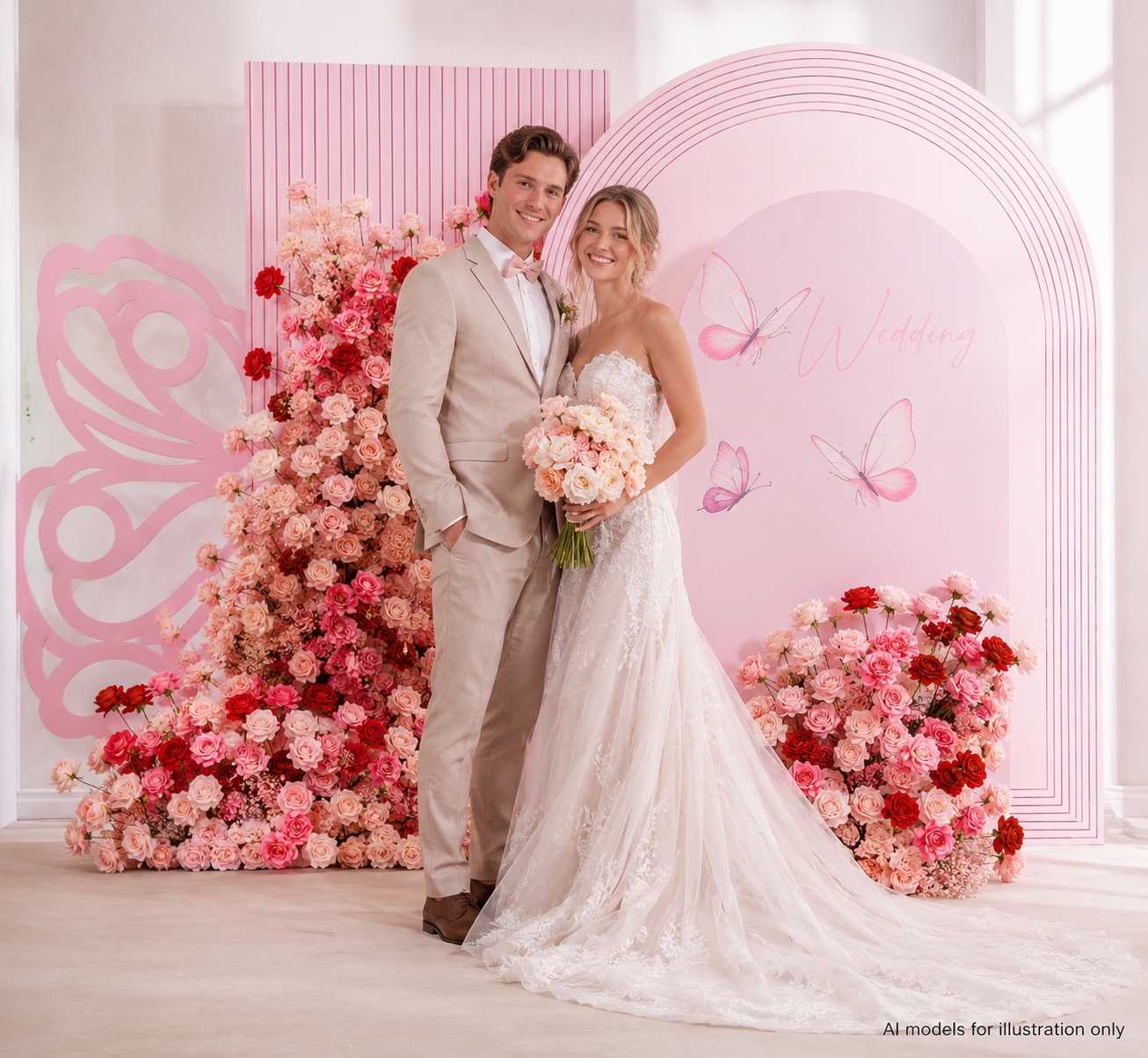 78.7in & 39.4in Red Pink White Floral Pillar Set, Burgundy Blush Artificial Rose Flower Column Backdrop for Wedding Ceremony Arch, Bridal Shower Reception Entrance Floral Decor, Flowers Only Without Metal Stand