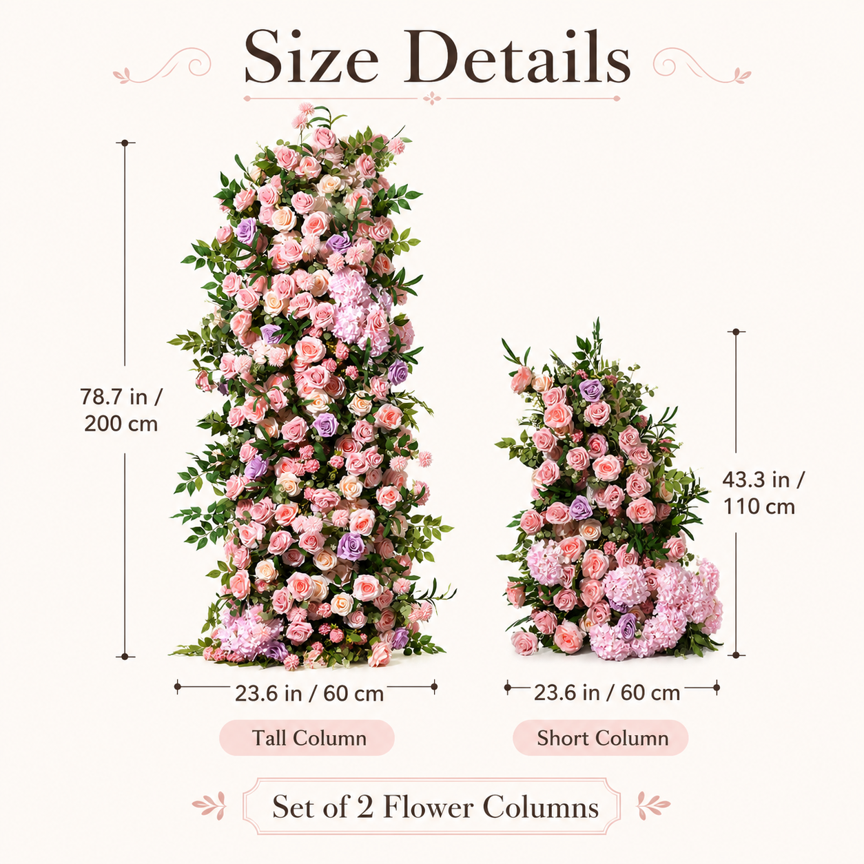 78.7in & 43.3in Blush Lavender Greenery Floral Pillar Set, Pink Purple Silk Rose Flower Column for Wedding Arch Backdrop, Bridal Shower Ceremony Entrance Floral Decor, Flowers Only Without Metal Stand