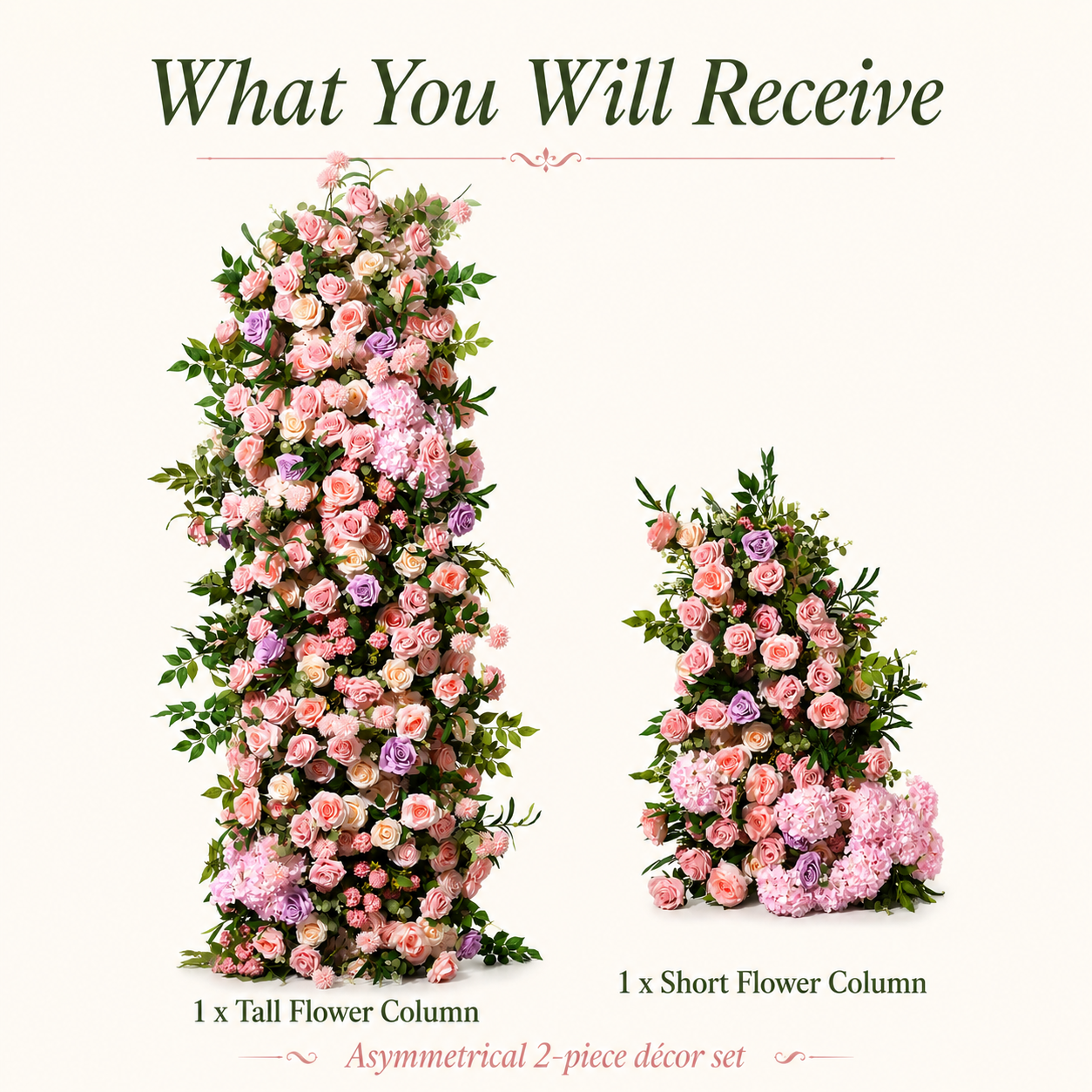 78.7in & 43.3in Blush Lavender Greenery Floral Pillar Set, Pink Purple Silk Rose Flower Column for Wedding Arch Backdrop, Bridal Shower Ceremony Entrance Floral Decor, Flowers Only Without Metal Stand
