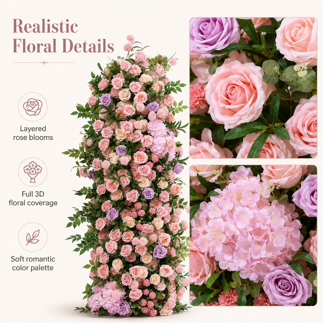 78.7in & 43.3in Blush Lavender Greenery Floral Pillar Set, Pink Purple Silk Rose Flower Column for Wedding Arch Backdrop, Bridal Shower Ceremony Entrance Floral Decor, Flowers Only Without Metal Stand