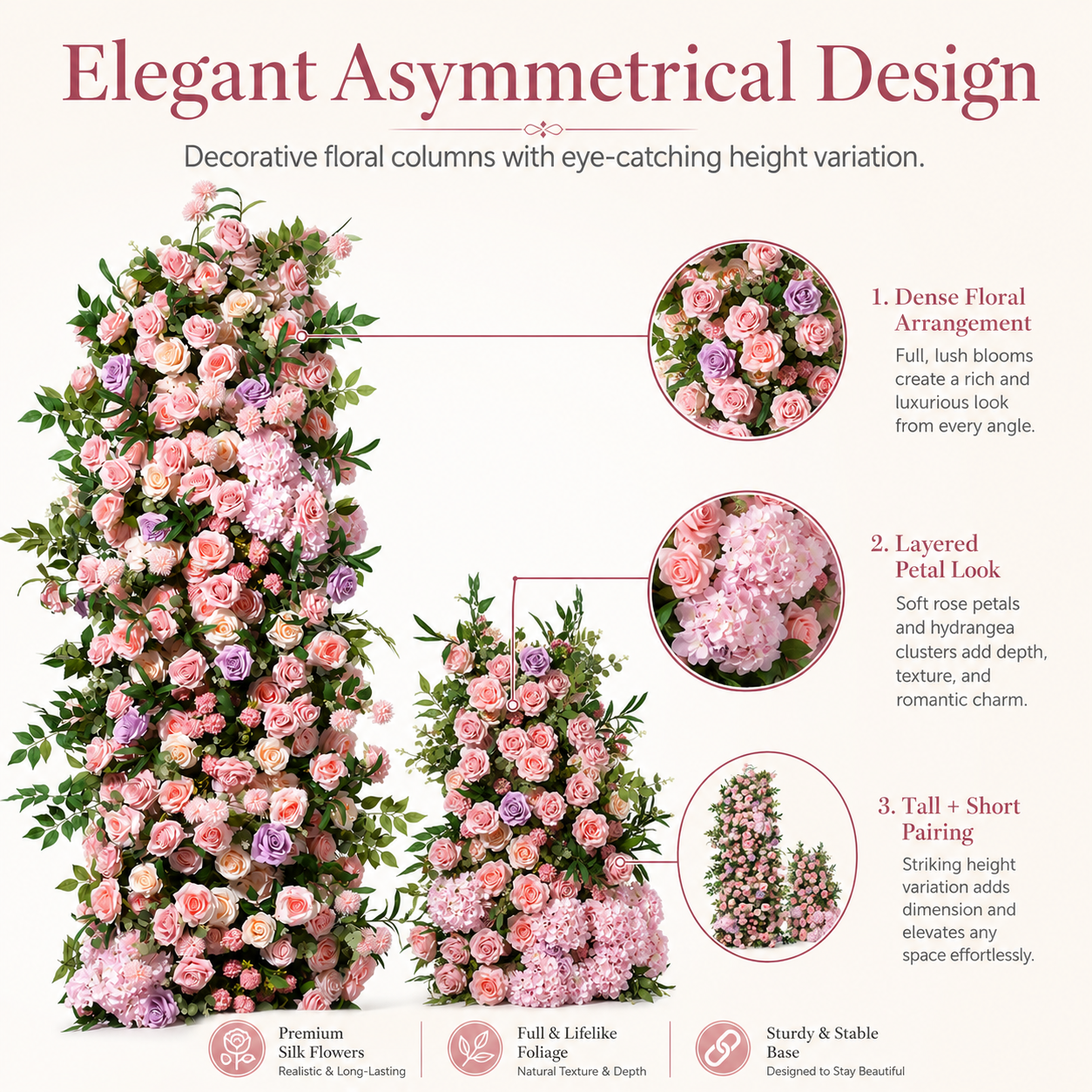 78.7in & 43.3in Blush Lavender Greenery Floral Pillar Set, Pink Purple Silk Rose Flower Column for Wedding Arch Backdrop, Bridal Shower Ceremony Entrance Floral Decor, Flowers Only Without Metal Stand