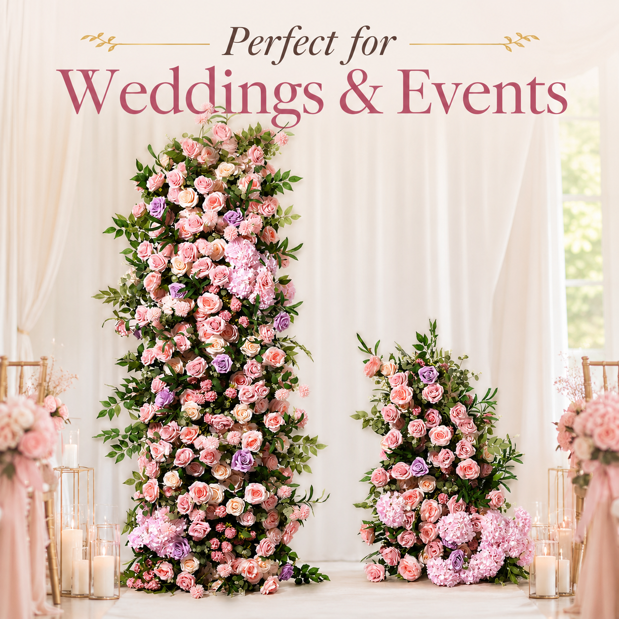 78.7in & 43.3in Blush Lavender Greenery Floral Pillar Set, Pink Purple Silk Rose Flower Column for Wedding Arch Backdrop, Bridal Shower Ceremony Entrance Floral Decor, Flowers Only Without Metal Stand