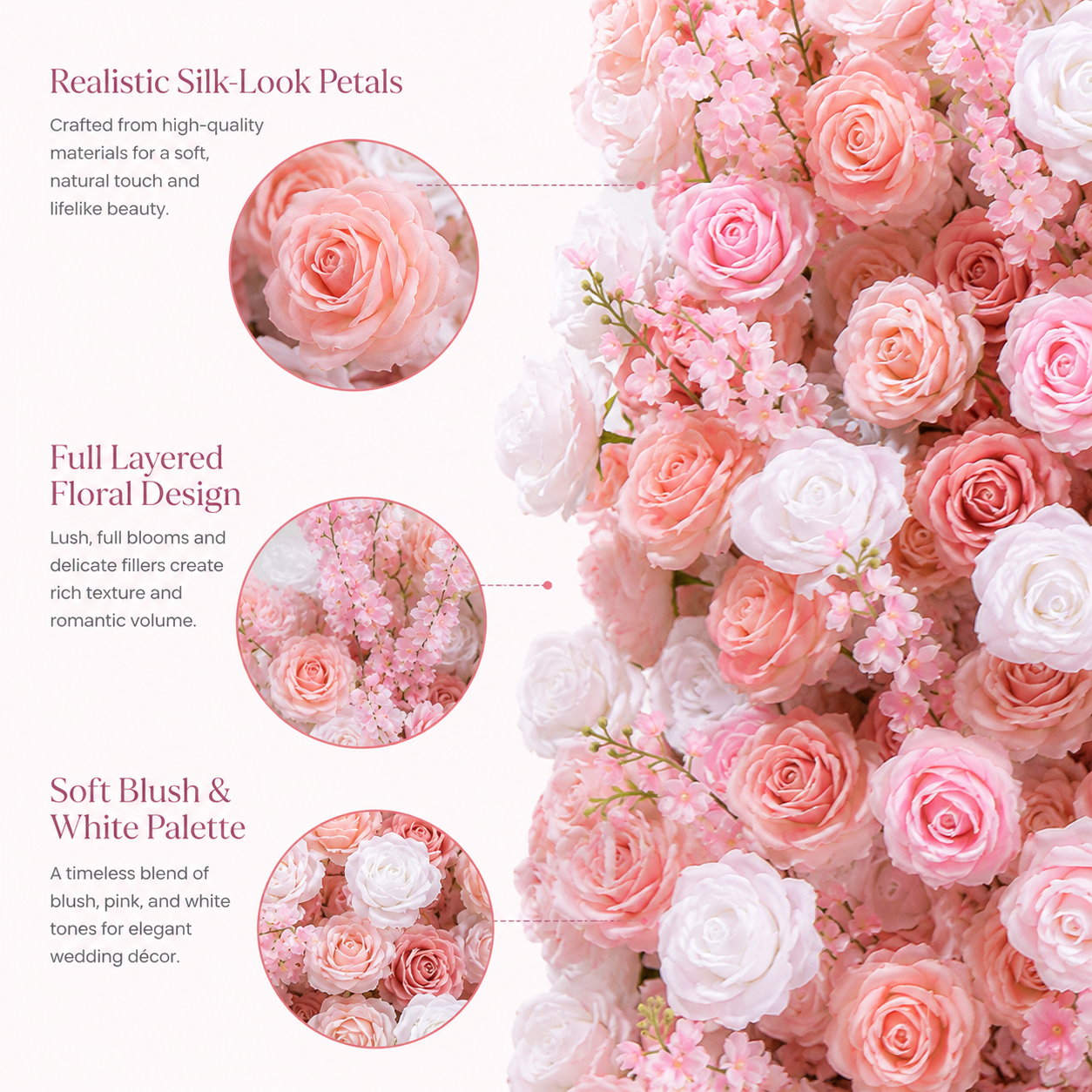 Blush Pink White Artificial Flower Arrangement Set 180cm & 100cm Silk Rose Floral Runner for Wedding Backdrop, Bridal Shower, Party Decor, Stand Not Included