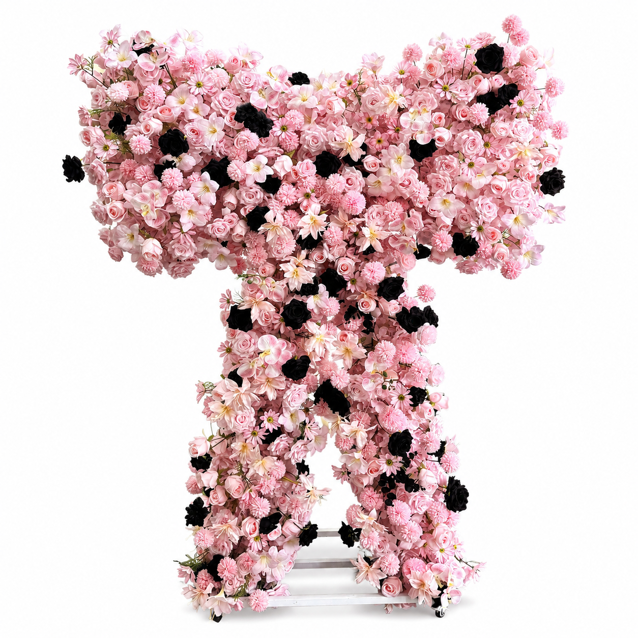 Pink Black Heart Shaped Artificial Flower Arch with Metal Frame, Gothic Floral Backdrop for Wedding Ceremony, Photo Booth, Bridal Shower and Party Decor