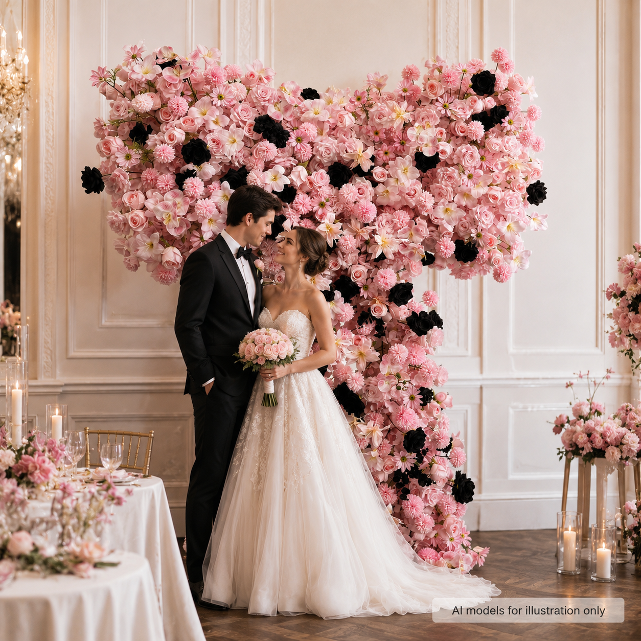 Pink Black Heart Shaped Artificial Flower Arch with Metal Frame, Gothic Floral Backdrop for Wedding Ceremony, Photo Booth, Bridal Shower and Party Decor