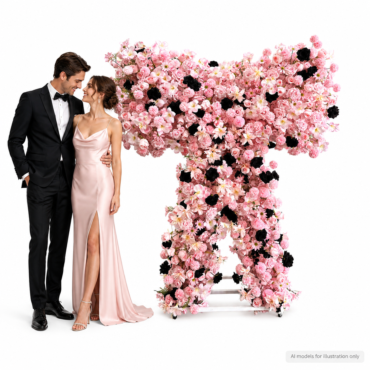 Pink Black Heart Shaped Artificial Flower Arch with Metal Frame, Gothic Floral Backdrop for Wedding Ceremony, Photo Booth, Bridal Shower and Party Decor