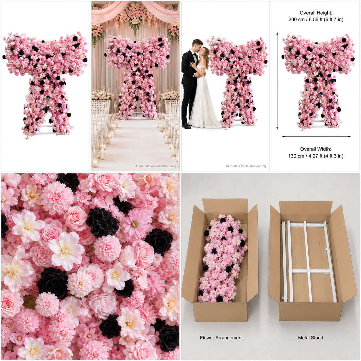 Pink Black Heart Shaped Artificial Flower Arch with Metal Frame, Gothic Floral Backdrop for Wedding Ceremony, Photo Booth, Bridal Shower and Party Decor