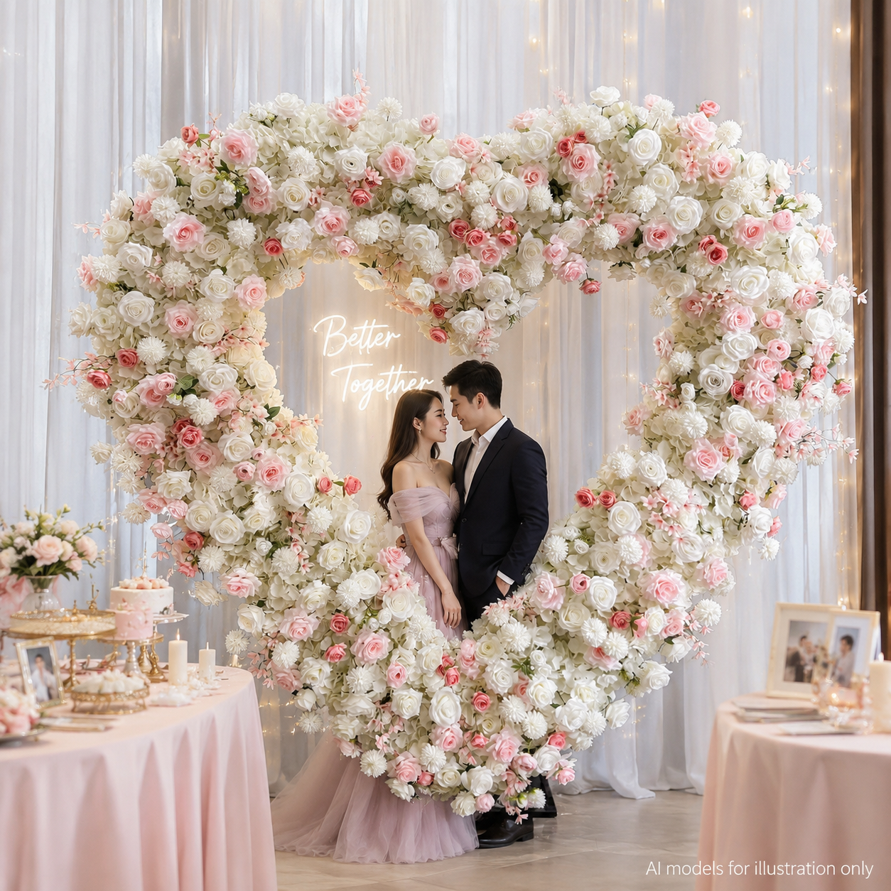 White and Blush Pink Heart-Shaped Artificial Flower Arch with Metal Frame,7ft Freestanding Floral Backdrop for Wedding Ceremony, Bridal Shower, Photo Booth and Party Decor