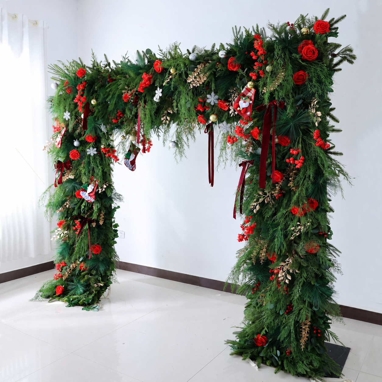 8FT Square Faux Flower Arch Backdrop, Red Rose