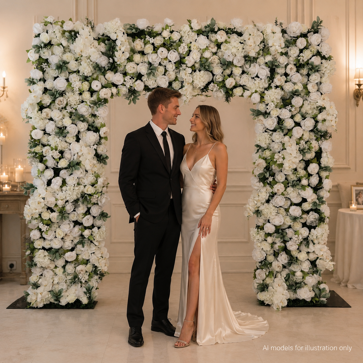 8FT Square Faux Flower Arch Backdrop, Ivory White