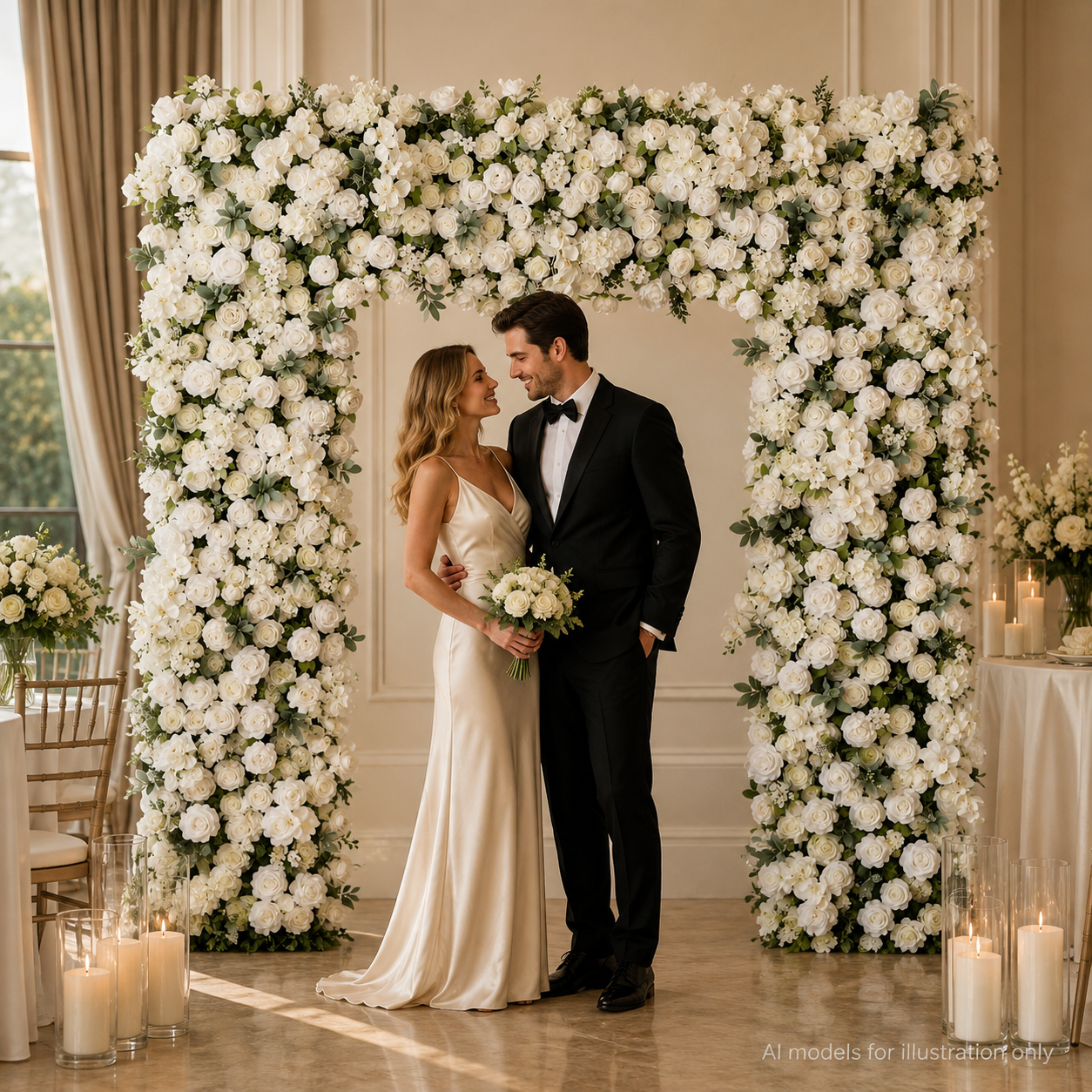 8FT Square Faux Flower Arch Backdrop, Ivory White