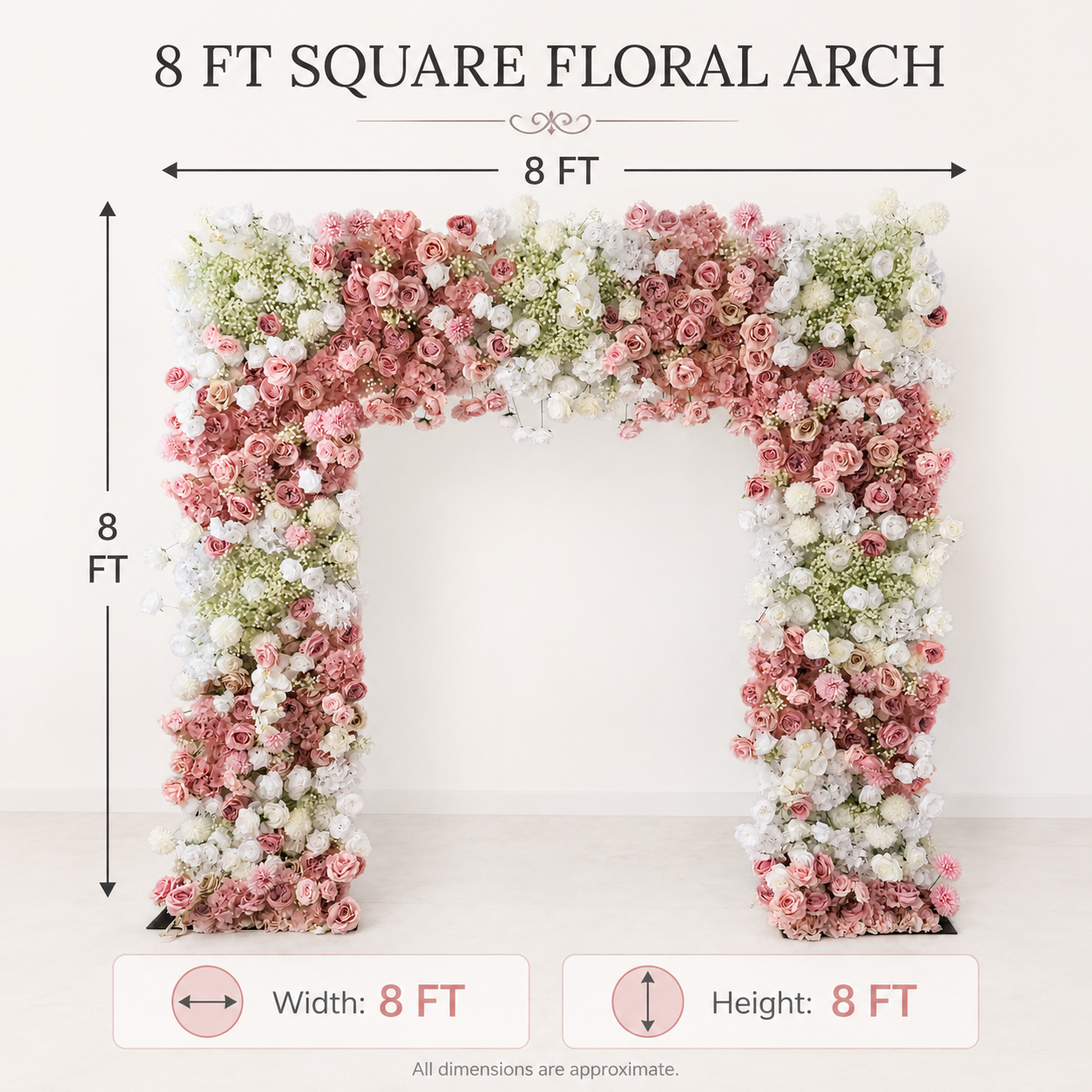 8FT Square Faux Flower Arch Backdrop, Blush Pink & White