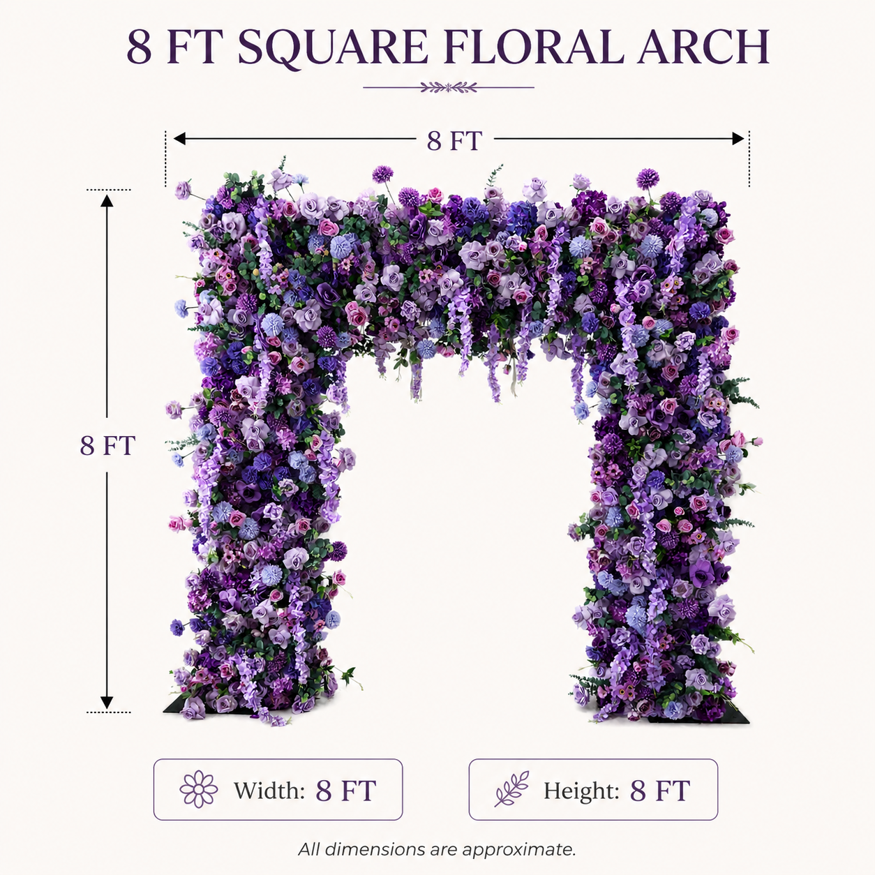 8FT Square Faux Flower Arch Backdrop, Lavender Purple