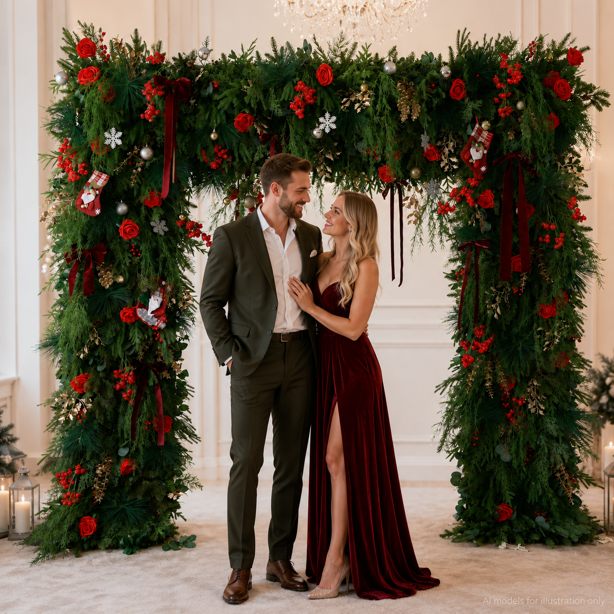8FT Square Faux Flower Arch Backdrop, Red Rose