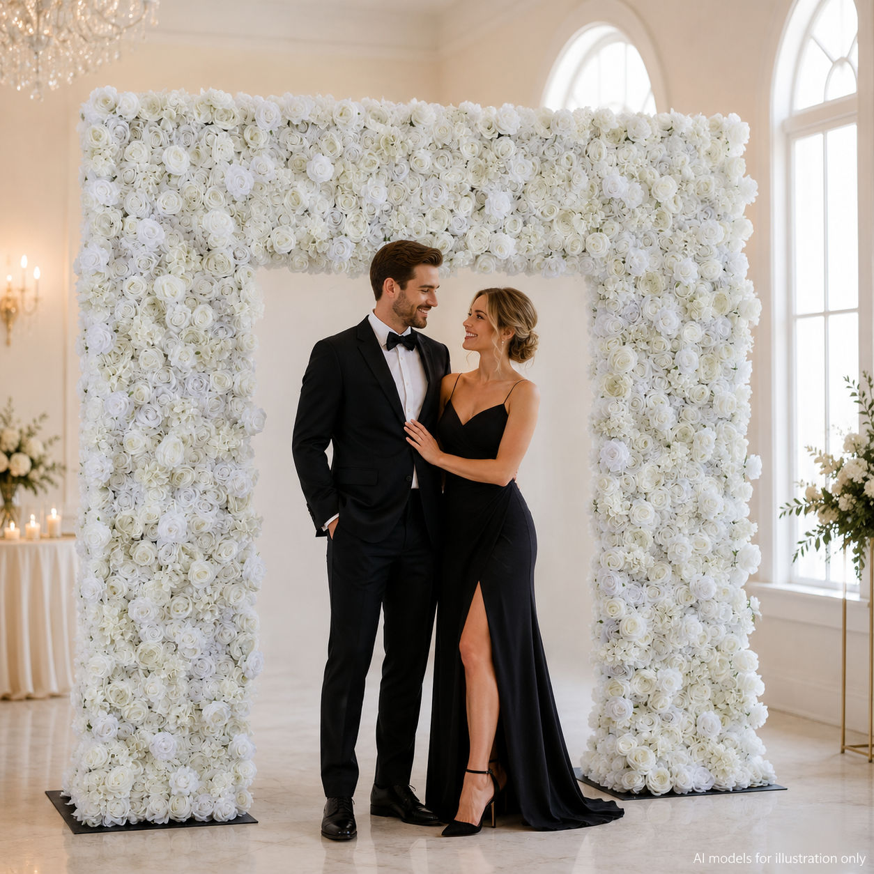 8FT Square Faux Flower Arch Backdrop, Ivory White