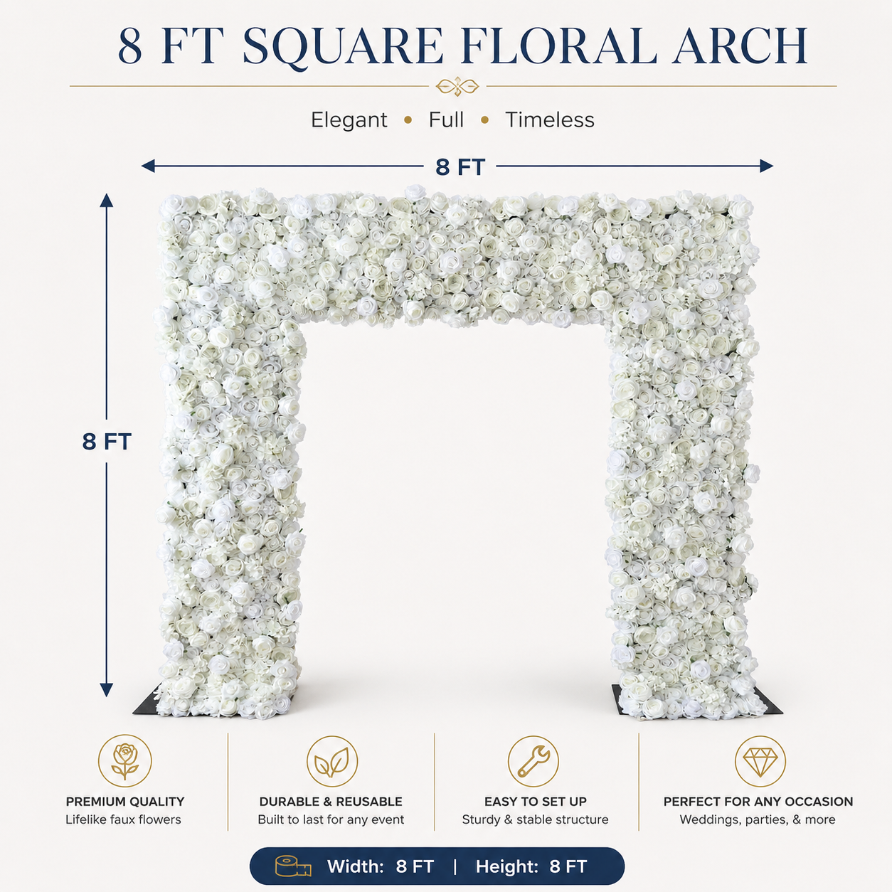 8FT Square Faux Flower Arch Backdrop, Ivory White