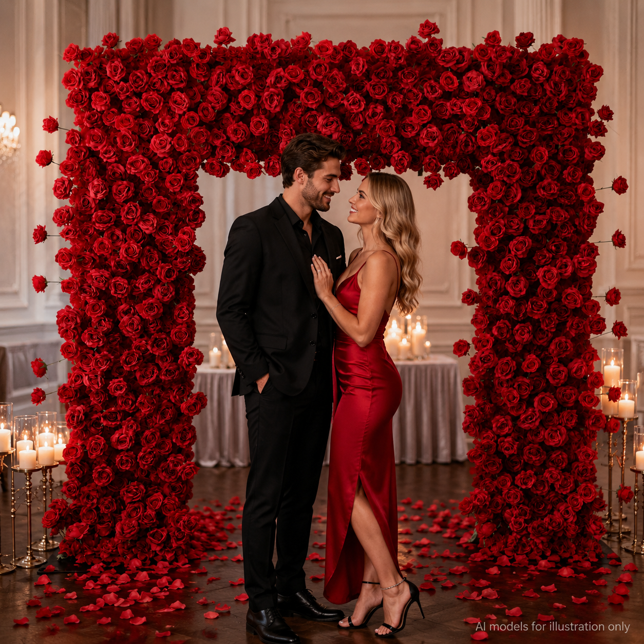 8FT Square Faux Flower Arch Backdrop, Red Rose