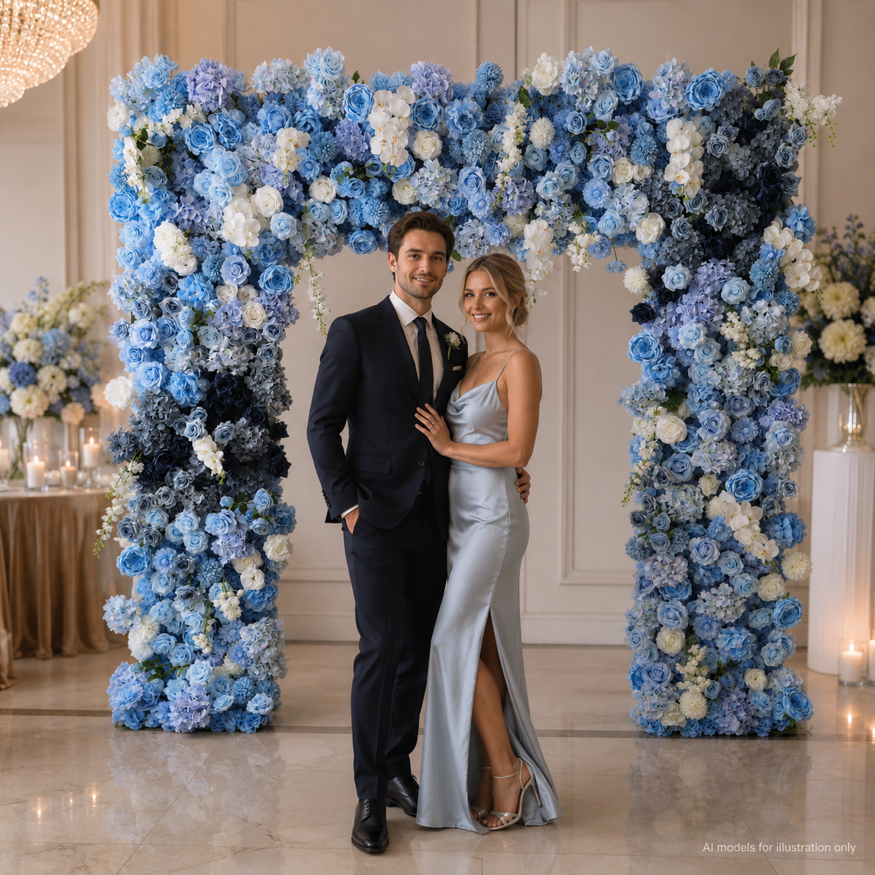 8FT Square Faux Flower Arch Backdrop, Blue & White