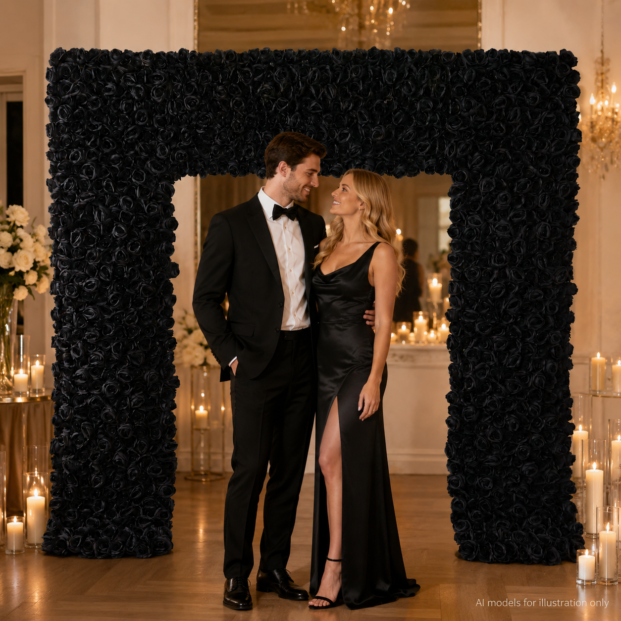 8FT Square Faux Flower Arch Backdrop, Black Rose