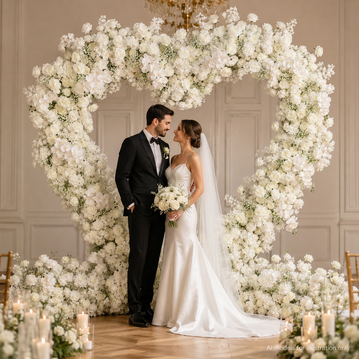 8FT x 8FT White Rose Heart-Shaped Artificial Flower Arch with Metal Frame, Freestanding Faux Floral Backdrop for Wedding Ceremony & Photo Booth Decor