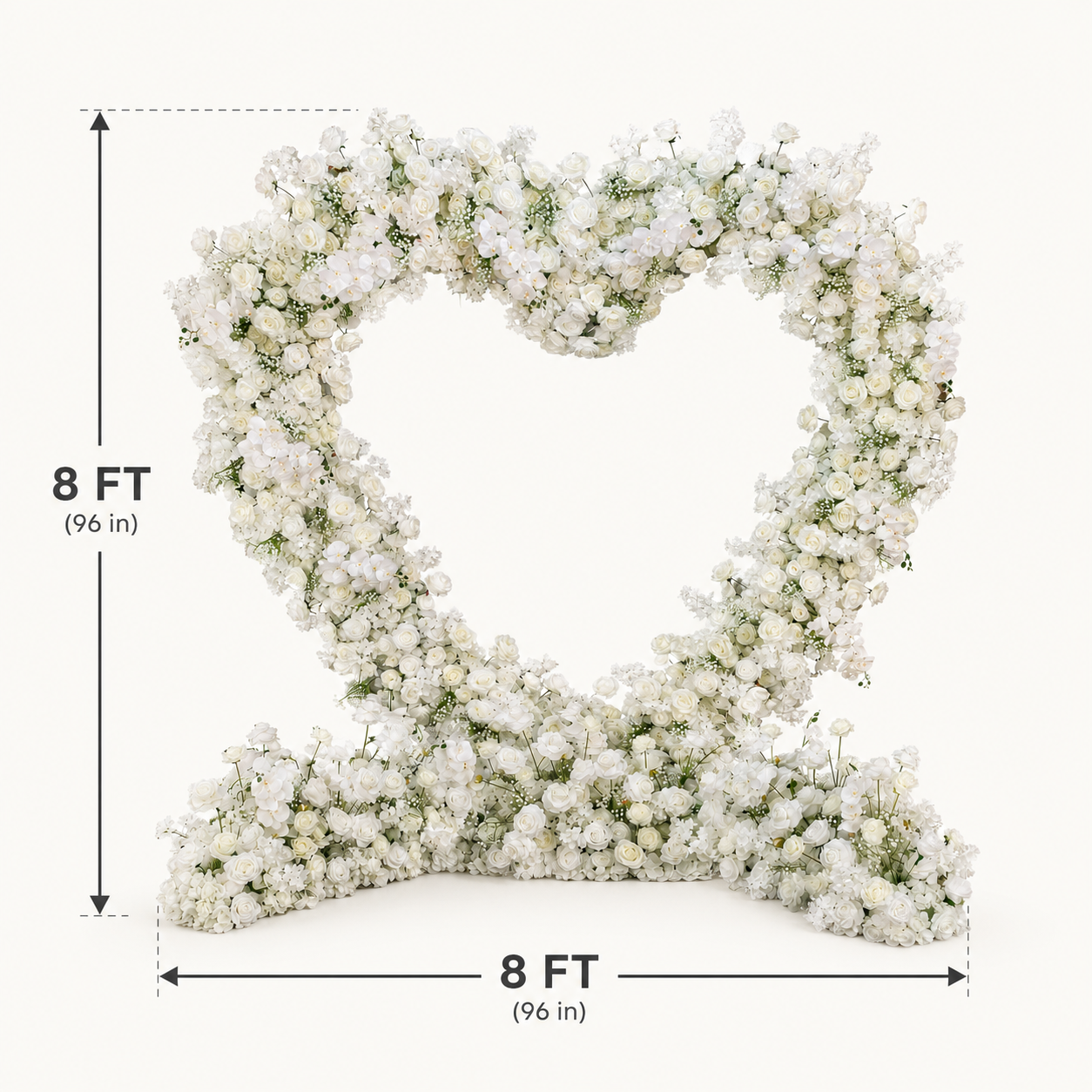 8FT x 8FT White Rose Heart-Shaped Artificial Flower Arch with Metal Frame, Freestanding Faux Floral Backdrop for Wedding Ceremony & Photo Booth Decor