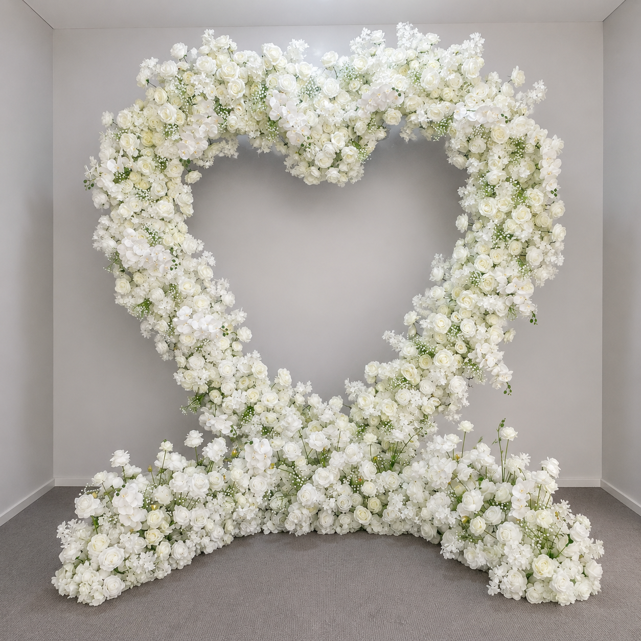 8FT x 8FT White Rose Heart-Shaped Artificial Flower Arch with Metal Frame, Freestanding Faux Floral Backdrop for Wedding Ceremony & Photo Booth Decor