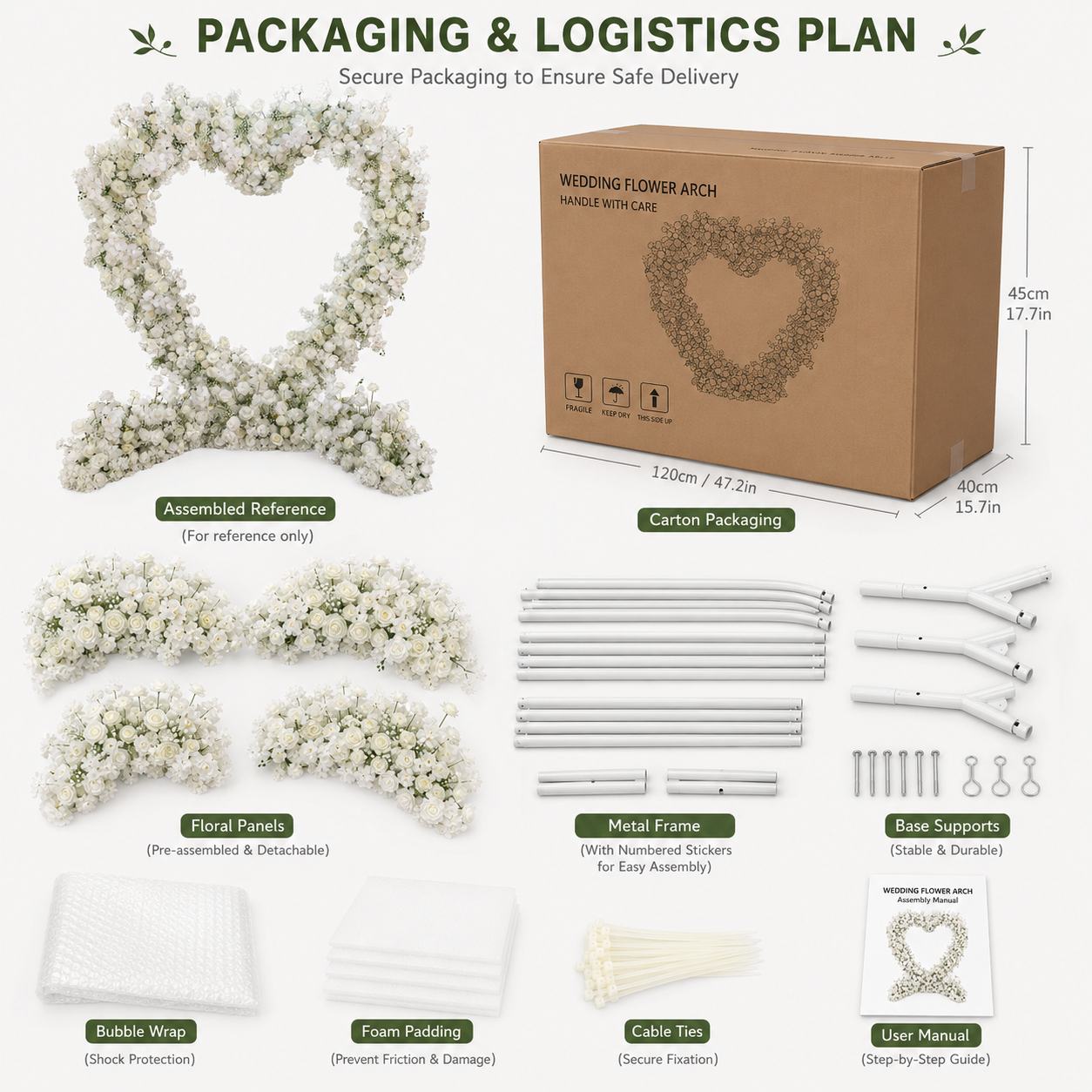 8FT x 8FT White Rose Heart-Shaped Artificial Flower Arch with Metal Frame, Freestanding Faux Floral Backdrop for Wedding Ceremony & Photo Booth Decor