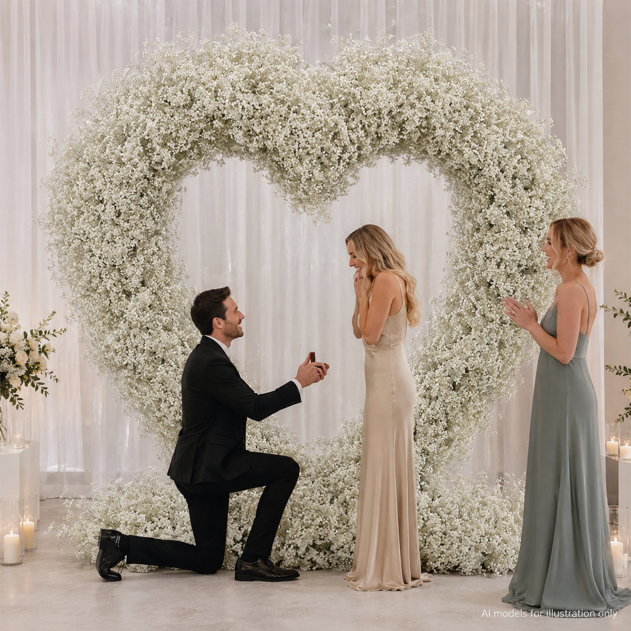 8FT x 8FT White Baby’s Breath Style Heart-Shaped Artificial Flower Arch with Metal Frame, Freestanding Faux Floral Backdrop for Wedding Proposal & Bridal Shower Decor