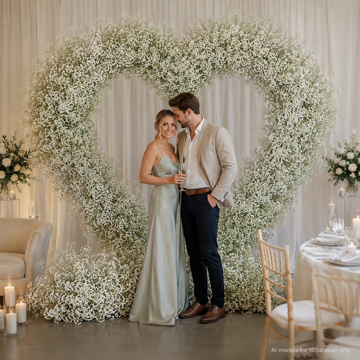 8FT x 8FT White Baby’s Breath Style Heart-Shaped Artificial Flower Arch with Metal Frame, Freestanding Faux Floral Backdrop for Wedding Proposal & Bridal Shower Decor