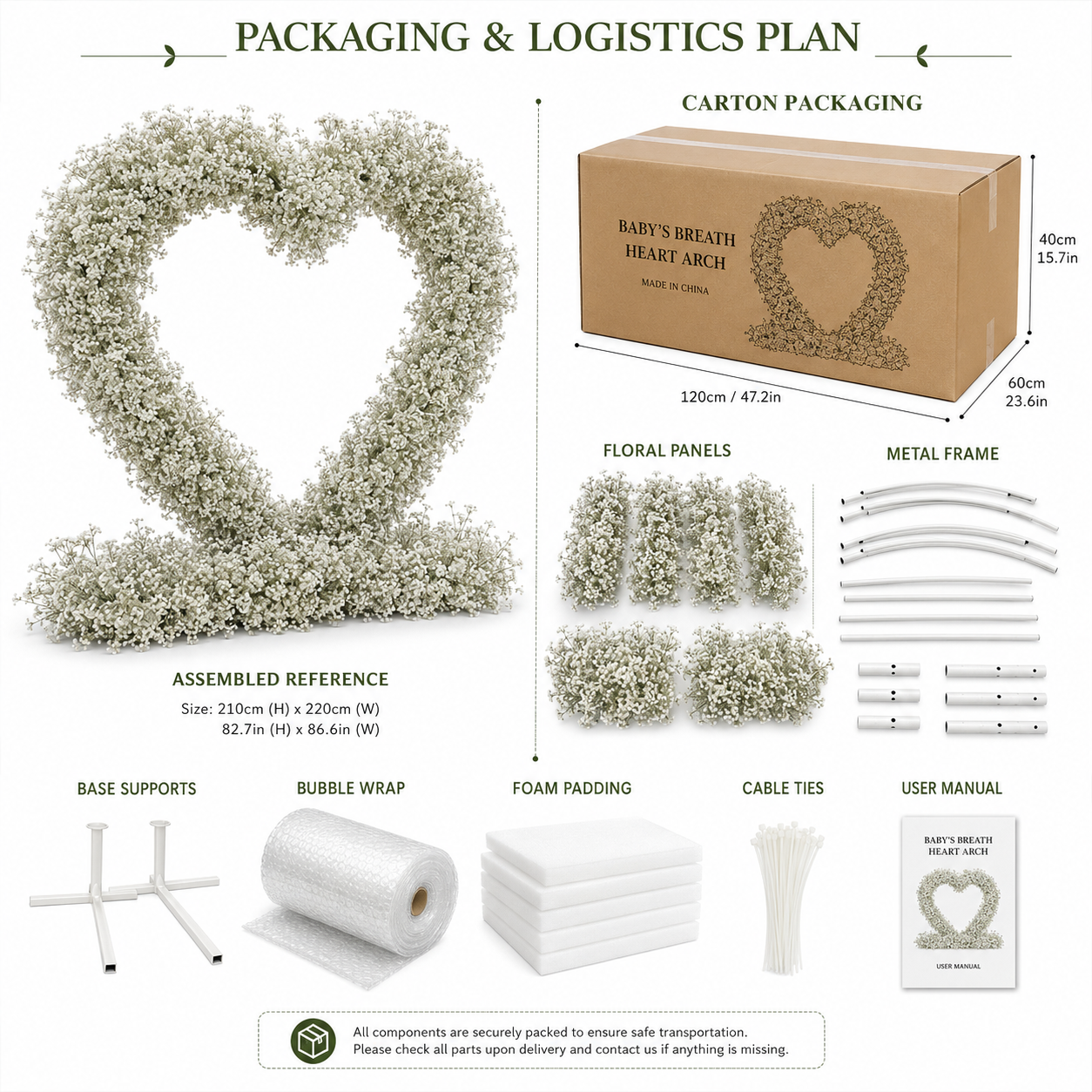 8FT x 8FT White Baby’s Breath Style Heart-Shaped Artificial Flower Arch with Metal Frame, Freestanding Faux Floral Backdrop for Wedding Proposal & Bridal Shower Decor