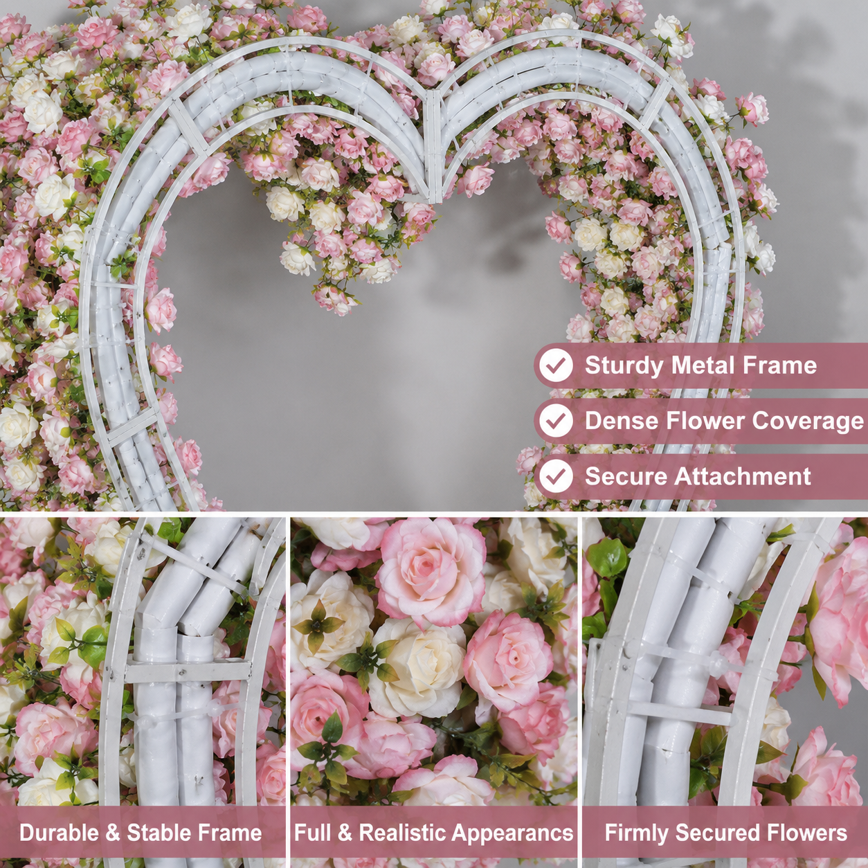 8FT x 8FT Ombre Pink White Fuchsia Heart-Shaped Flower Arch with Metal Frame, Freestanding Faux Floral Backdrop for Wedding & Valentine’s Day Decor