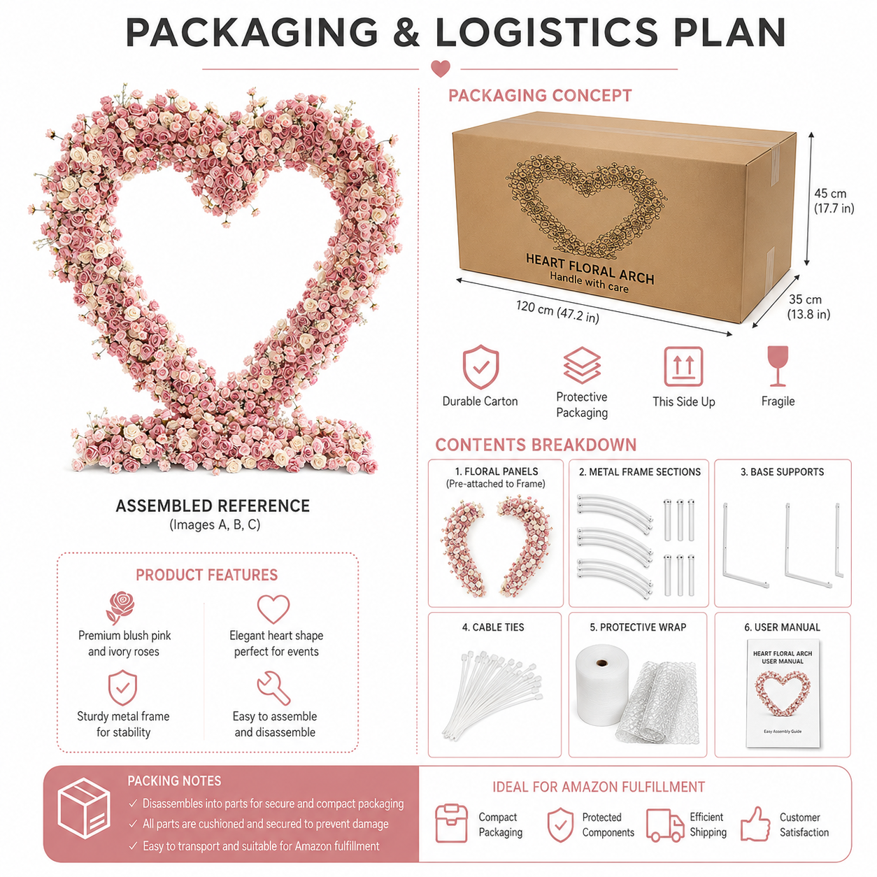 8FT x 8FT Ombre Pink White Fuchsia Heart-Shaped Flower Arch with Metal Frame, Freestanding Faux Floral Backdrop for Wedding & Valentine’s Day Decor