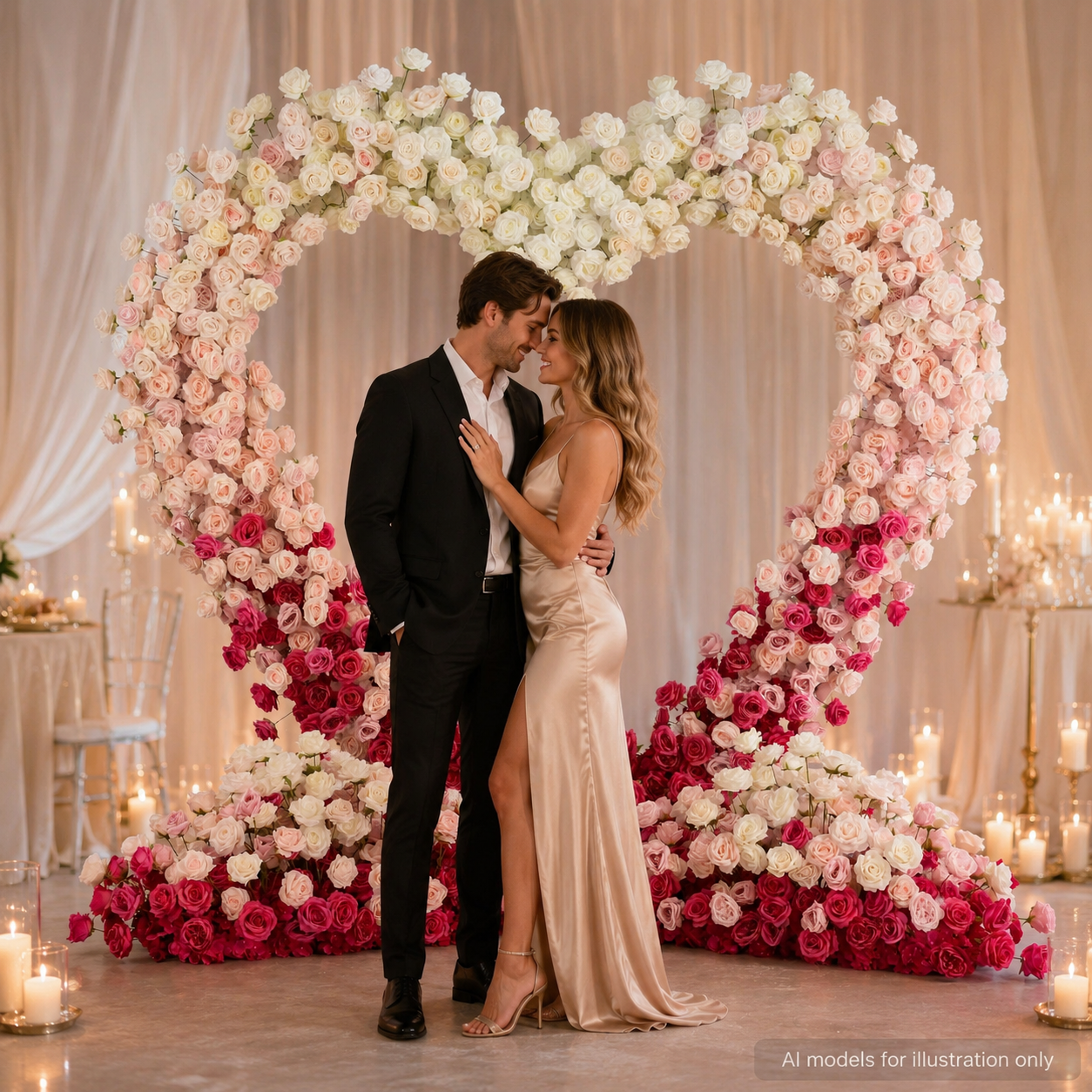 8FT x 8FT Ombre Pink White Fuchsia Heart-Shaped Flower Arch with Metal Frame, Freestanding Faux Floral Backdrop for Wedding & Valentine’s Day Decor