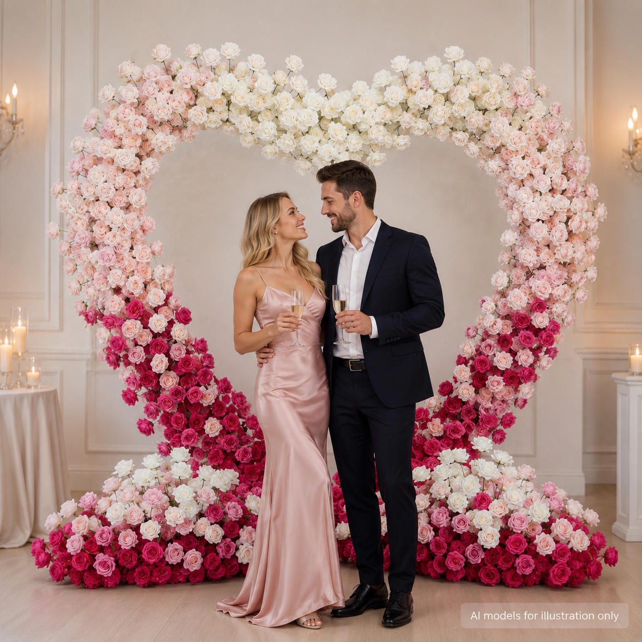 8FT x 8FT Ombre Pink White Fuchsia Heart-Shaped Flower Arch with Metal Frame, Freestanding Faux Floral Backdrop for Wedding & Valentine’s Day Decor