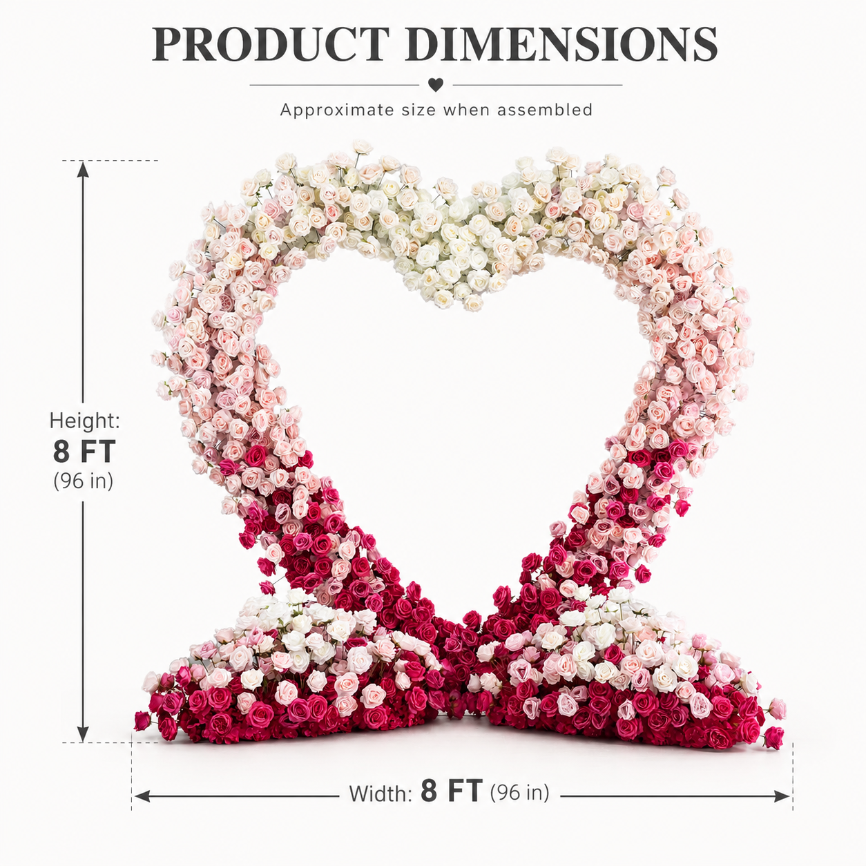 8FT x 8FT Ombre Pink White Fuchsia Heart-Shaped Flower Arch with Metal Frame, Freestanding Faux Floral Backdrop for Wedding & Valentine’s Day Decor