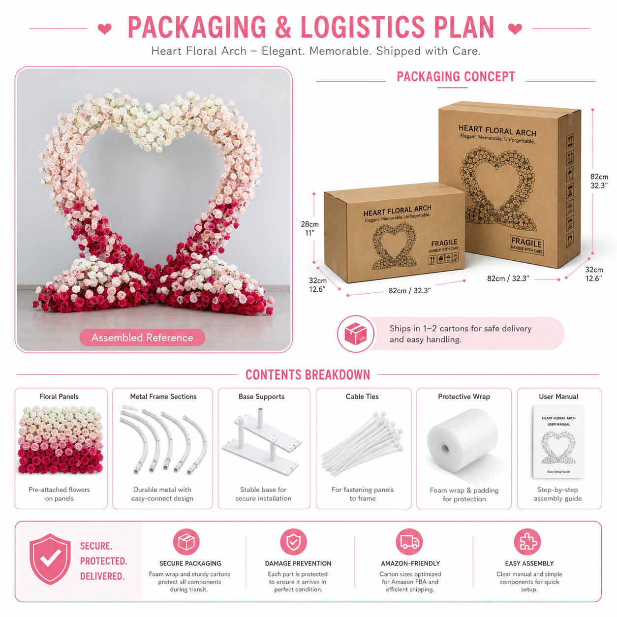 8FT x 8FT Ombre Pink White Fuchsia Heart-Shaped Flower Arch with Metal Frame, Freestanding Faux Floral Backdrop for Wedding & Valentine’s Day Decor