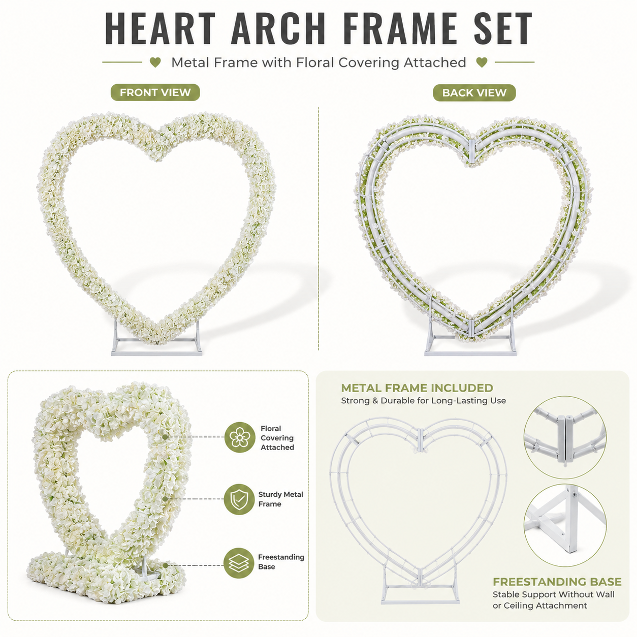 3-Piece White Hydrangea Heart Arch Set with Metal Frame, Freestanding Floral Backdrop Stand for Wedding, Bridal Shower, Proposal & Photo Booth Decor