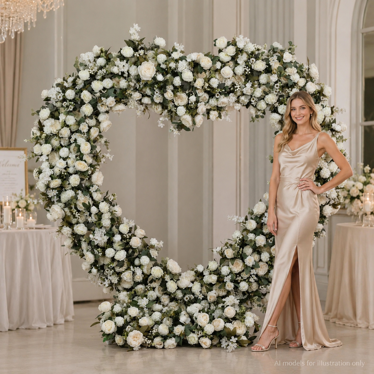 Ivory Cream 7.2FT Heart Flower Arch with Metal Frame