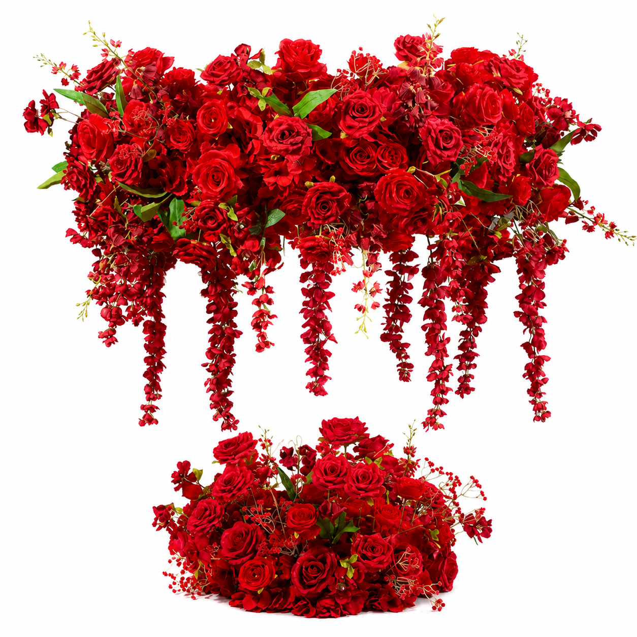 Deep Red Artificial Flower Table Centerpiece Set for Use with 4 ft Stand, Faux Rose Topper and Base with Cascading Hanging Flowers, Wedding Reception Decor, Stand Not Included