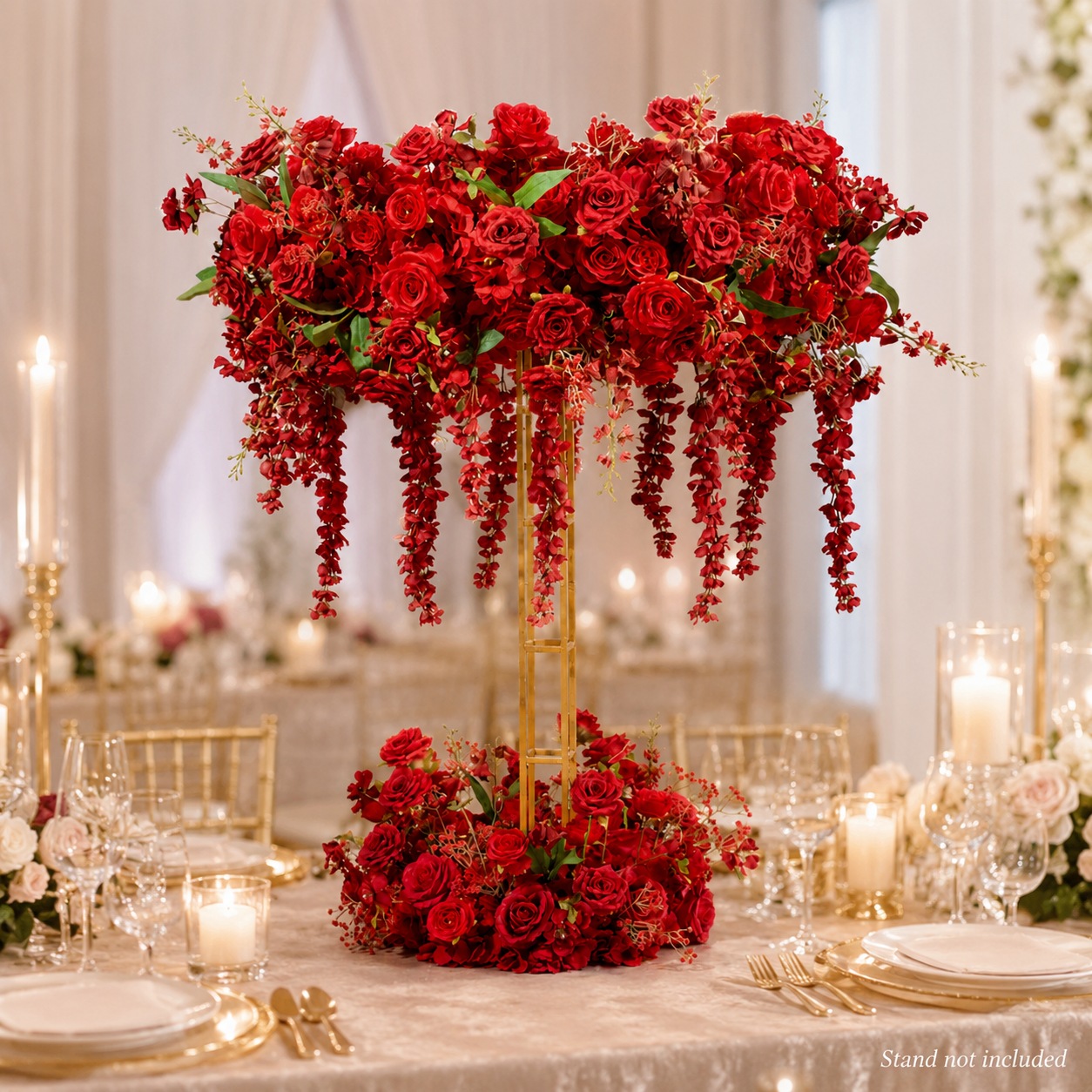 Deep Red Artificial Flower Table Centerpiece Set for Use with 4 ft Stand, Faux Rose Topper and Base with Cascading Hanging Flowers, Wedding Reception Decor, Stand Not Included