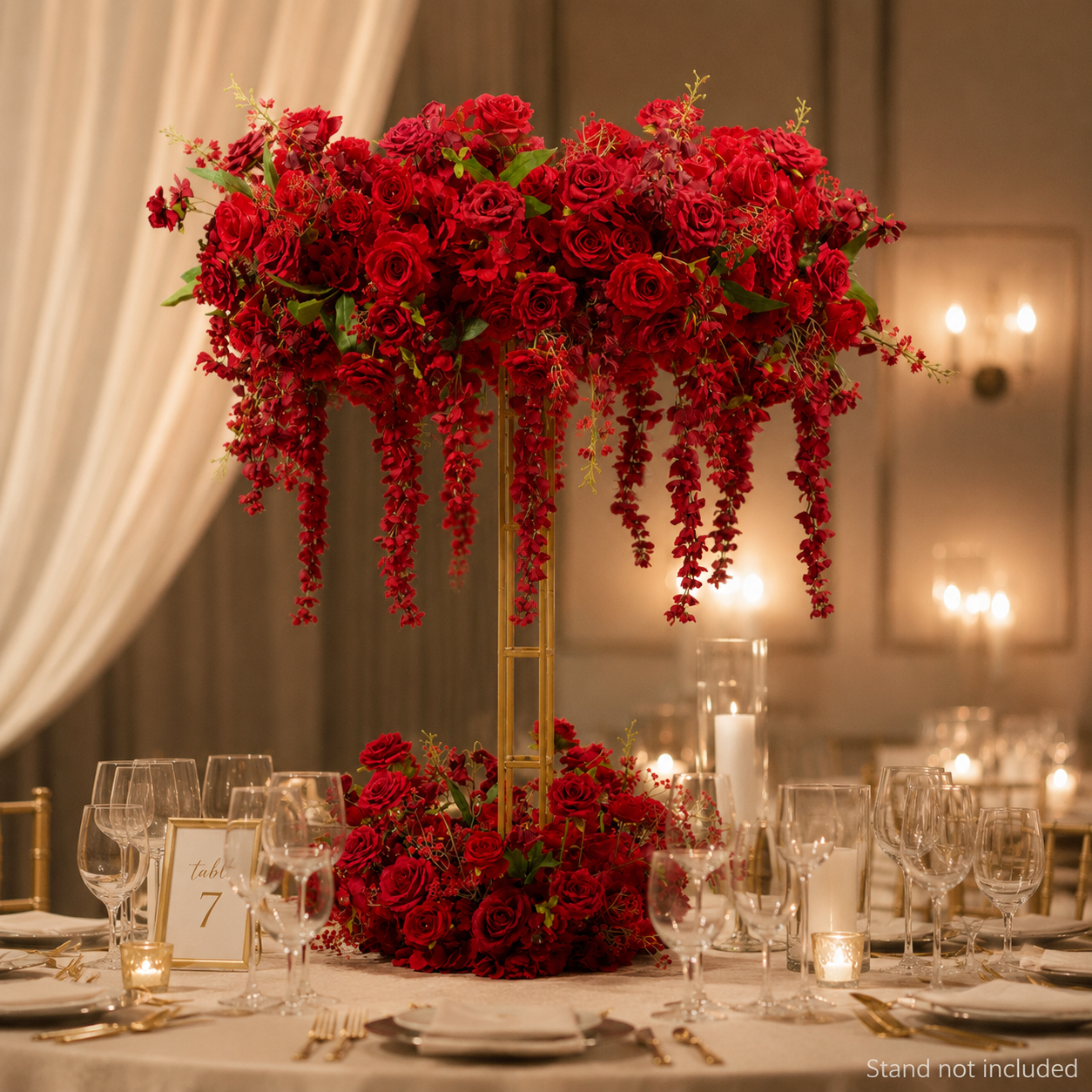 Deep Red Artificial Flower Table Centerpiece Set for Use with 4 ft Stand, Faux Rose Topper and Base with Cascading Hanging Flowers, Wedding Reception Decor, Stand Not Included