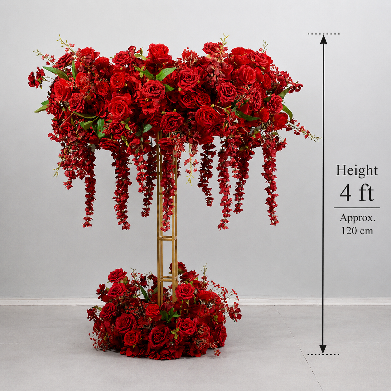 Deep Red Artificial Flower Table Centerpiece Set for Use with 4 ft Stand, Faux Rose Topper and Base with Cascading Hanging Flowers, Wedding Reception Decor, Stand Not Included