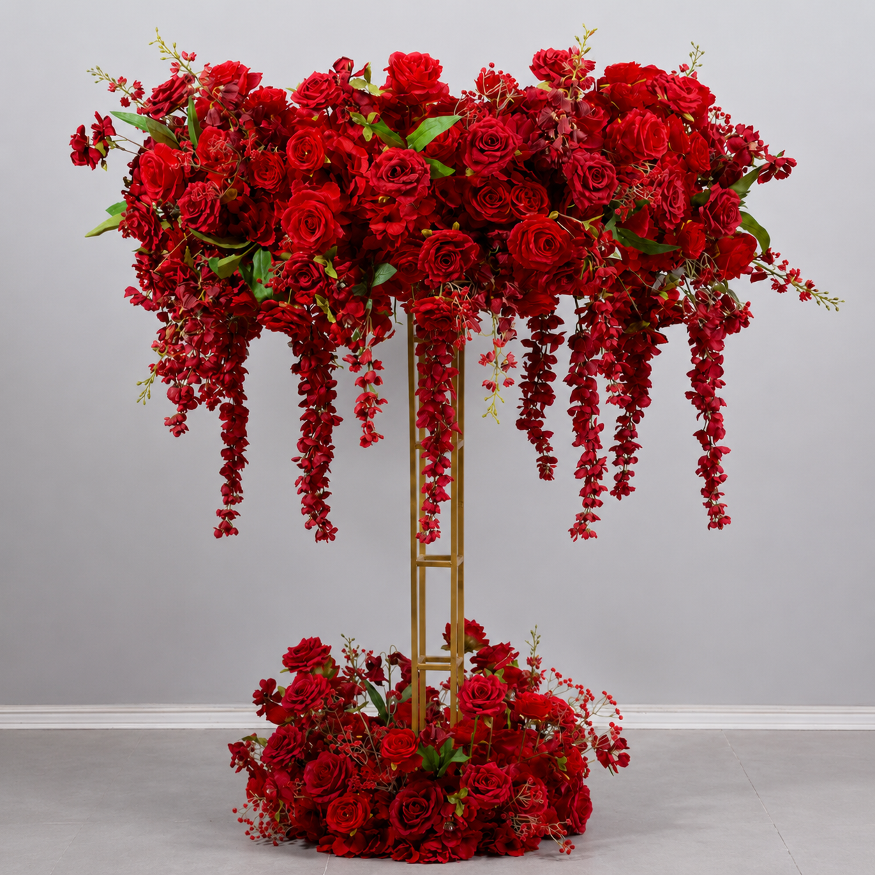 Deep Red Artificial Flower Table Centerpiece Set for Use with 4 ft Stand, Faux Rose Topper and Base with Cascading Hanging Flowers, Wedding Reception Decor, Stand Not Included