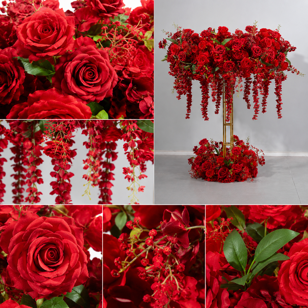 Deep Red Artificial Flower Table Centerpiece Set for Use with 4 ft Stand, Faux Rose Topper and Base with Cascading Hanging Flowers, Wedding Reception Decor, Stand Not Included