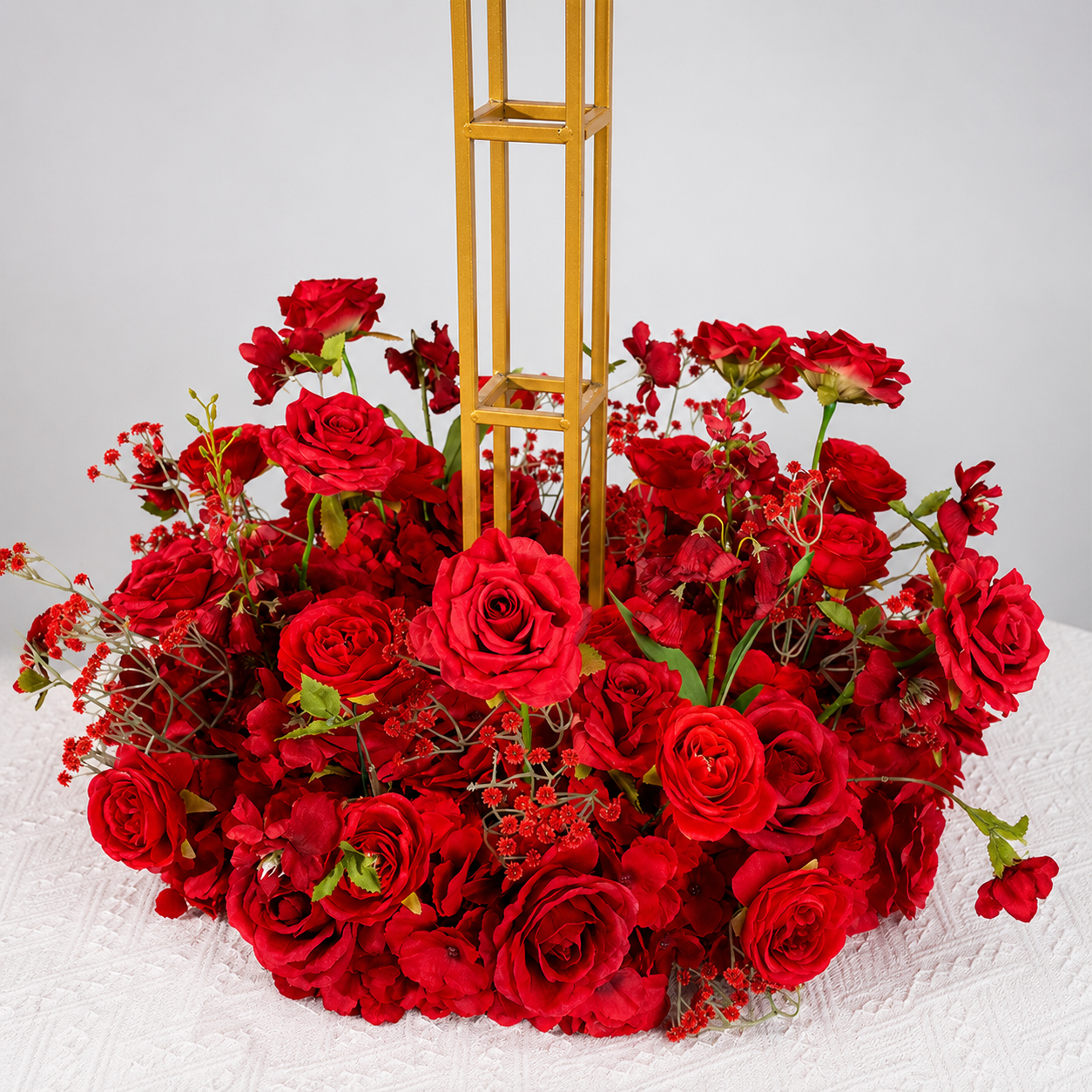 Deep Red Artificial Flower Table Centerpiece Set for Use with 4 ft Stand, Faux Rose Topper and Base with Cascading Hanging Flowers, Wedding Reception Decor, Stand Not Included