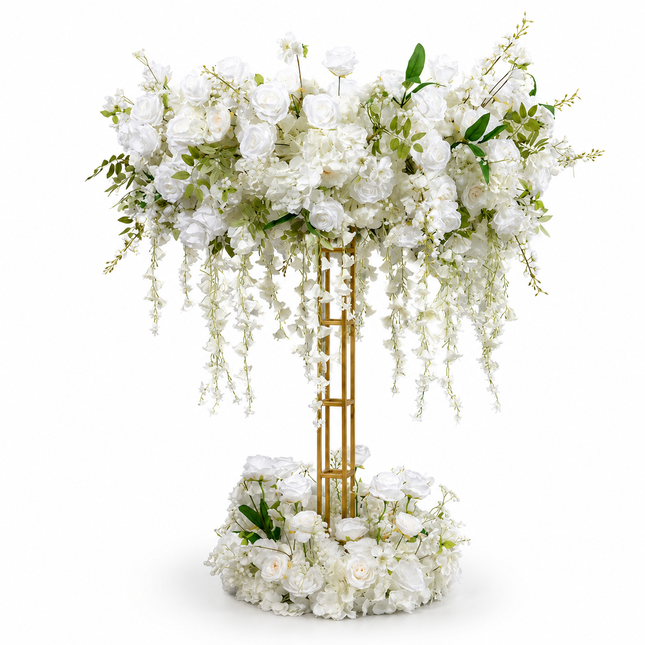 Ivory White Artificial Flower Table Centerpiece Set for Use with 4 ft Stand, Faux Rose Hydrangea Topper and Base with Cascading Hanging Flowers, Wedding Reception Decor, Stand Not Included