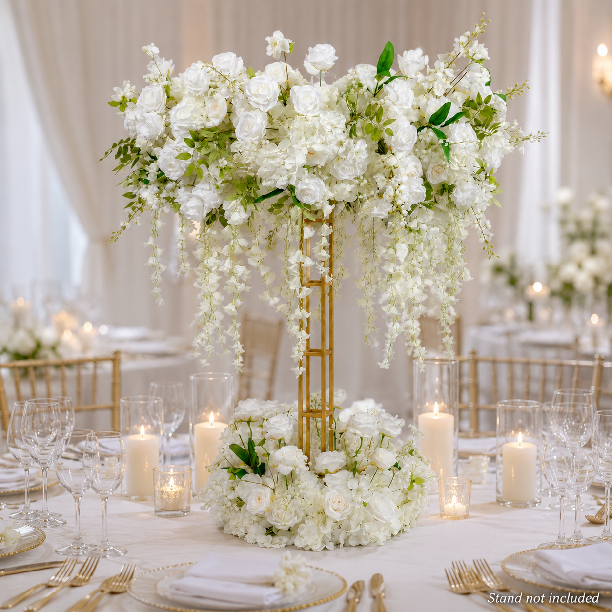 Ivory White Artificial Flower Table Centerpiece Set for Use with 4 ft Stand, Faux Rose Hydrangea Topper and Base with Cascading Hanging Flowers, Wedding Reception Decor, Stand Not Included