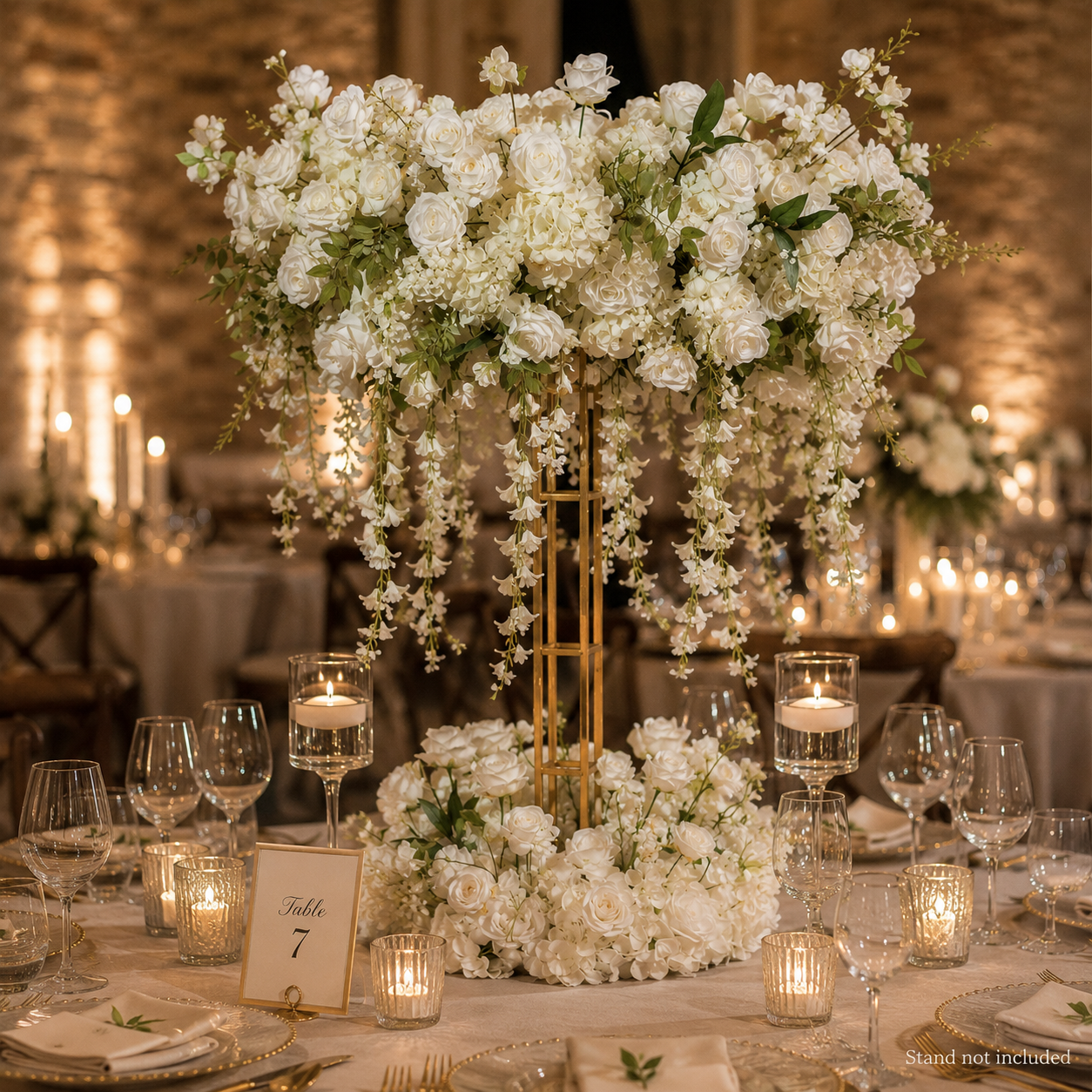 Ivory White Artificial Flower Table Centerpiece Set for Use with 4 ft Stand, Faux Rose Hydrangea Topper and Base with Cascading Hanging Flowers, Wedding Reception Decor, Stand Not Included